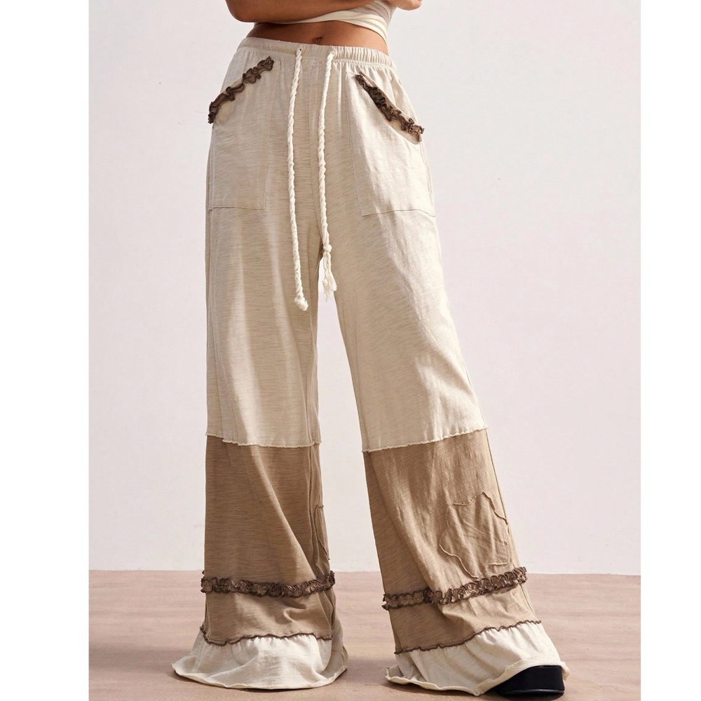 Wide Leg Two-Tone Cream & Brown Cotton Pants - Picture 3 of 6